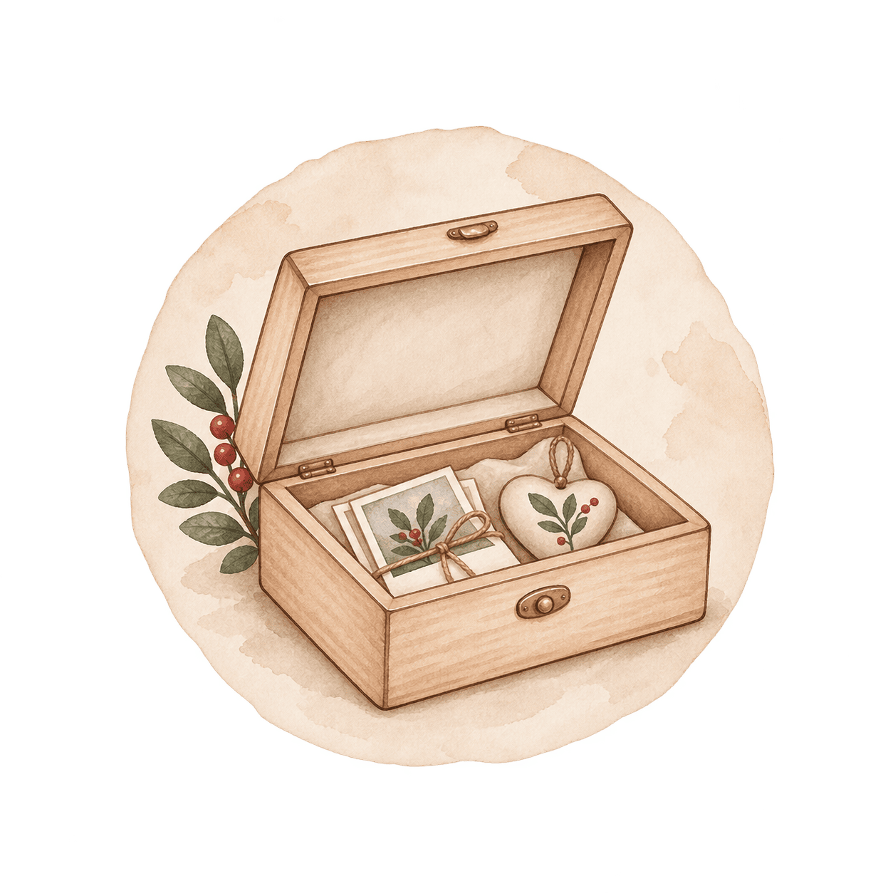 Ilustración de una caja de madera abierta con fotografías atadas y un adorno en forma de corazón.