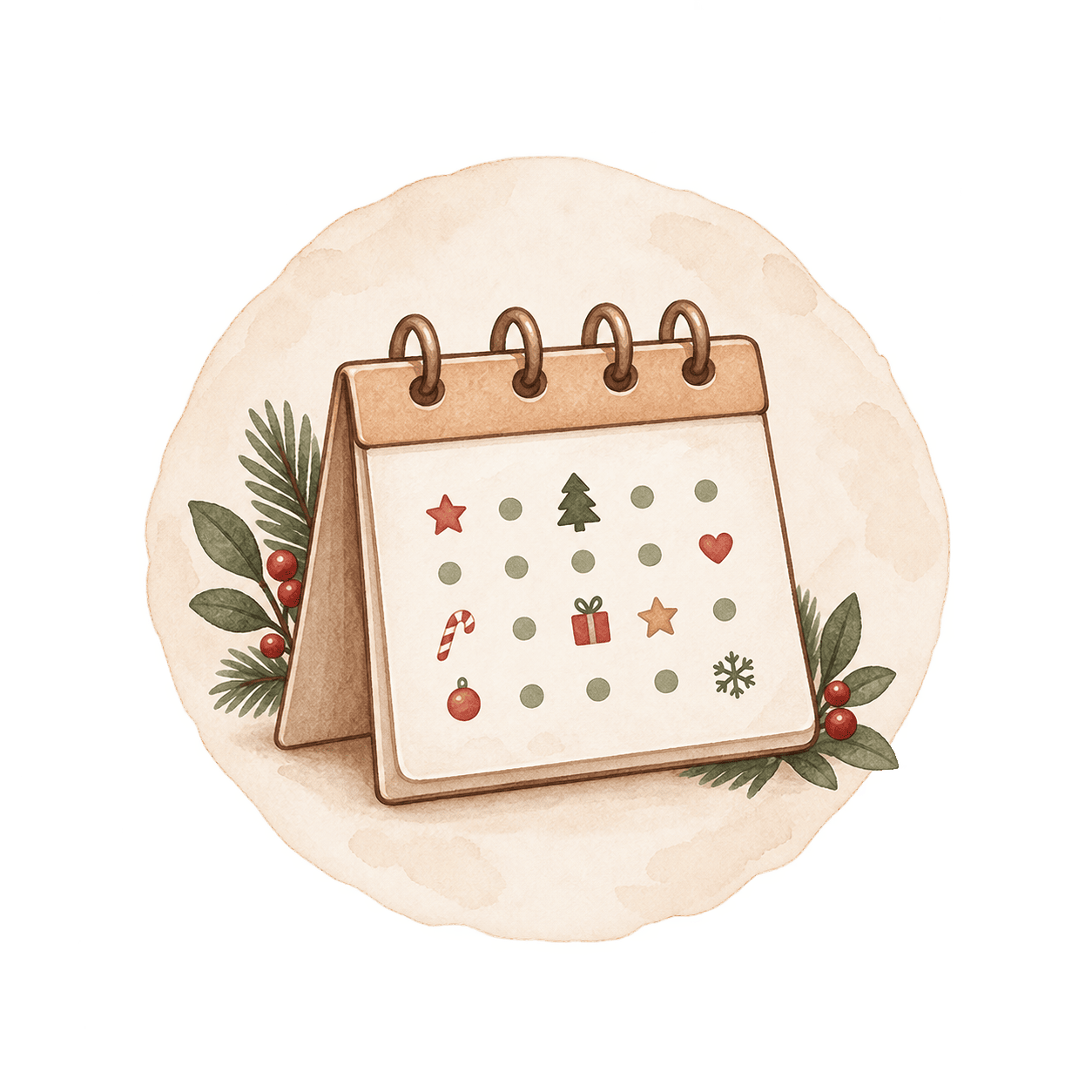 Ilustración en acuarela de un calendario de sobremesa con motivos navideños y ramas verdes.