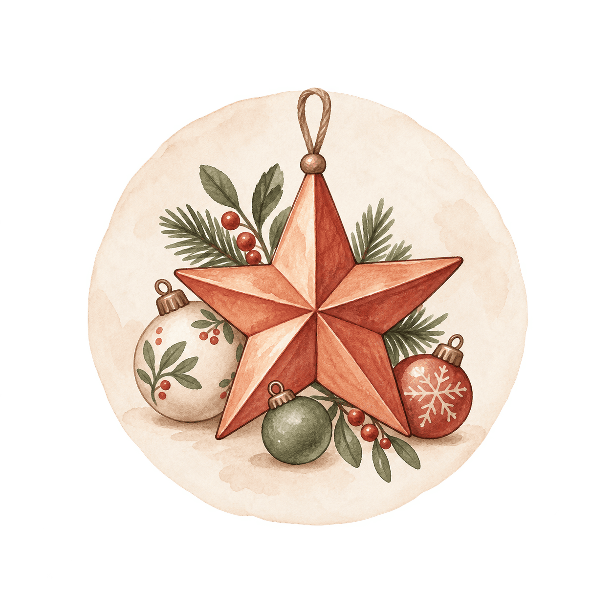 Ilustración en acuarela de una estrella roja rodeada de bolas navideñas y ramas verdes.