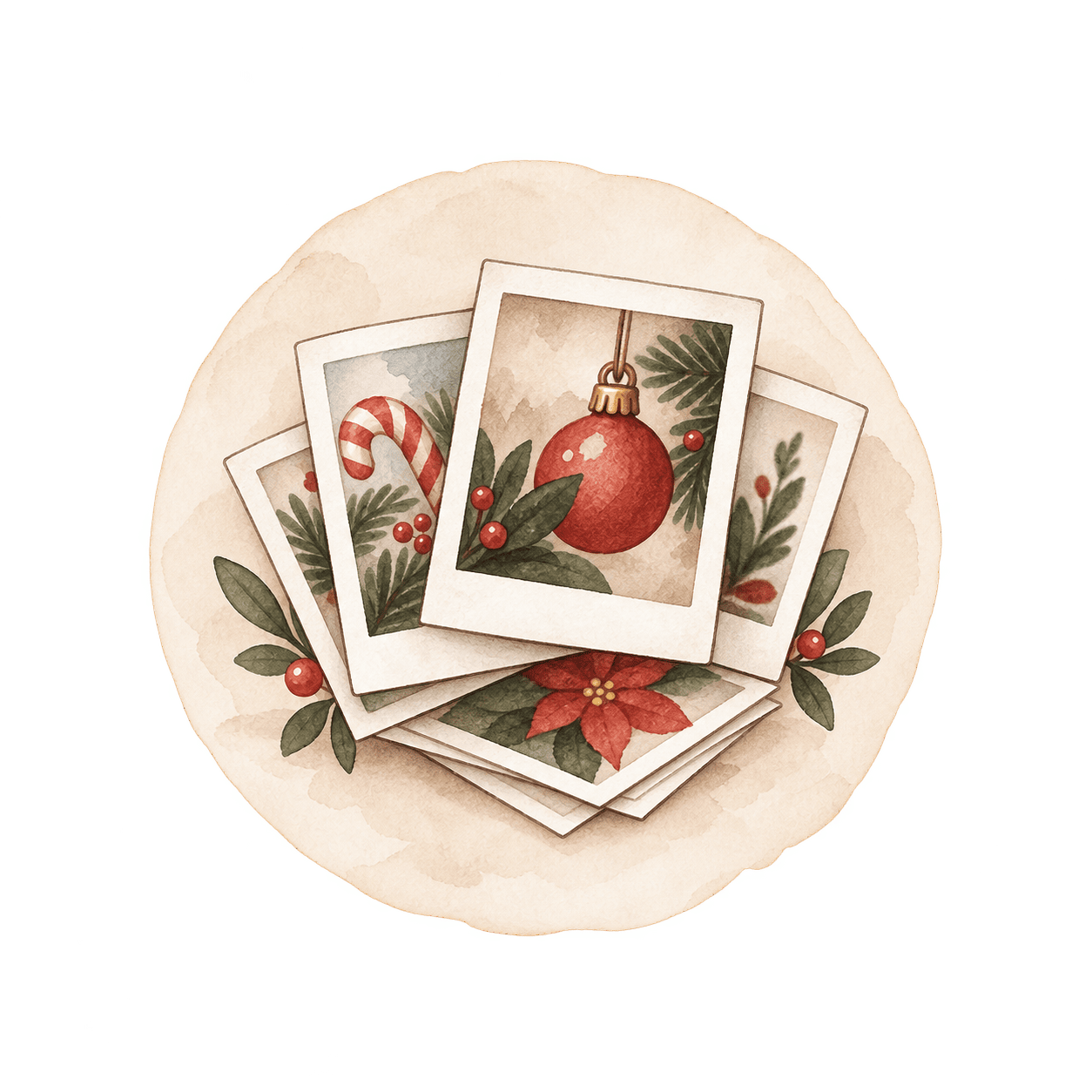 Ilustración de fotografías apiladas con una bola roja, un bastón de caramelo y motivos vegetales navideños.