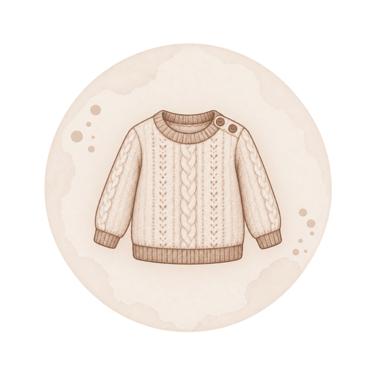 Ilustración en acuarela de un jersey infantil beige con trenzas de punto y botones en el hombro.