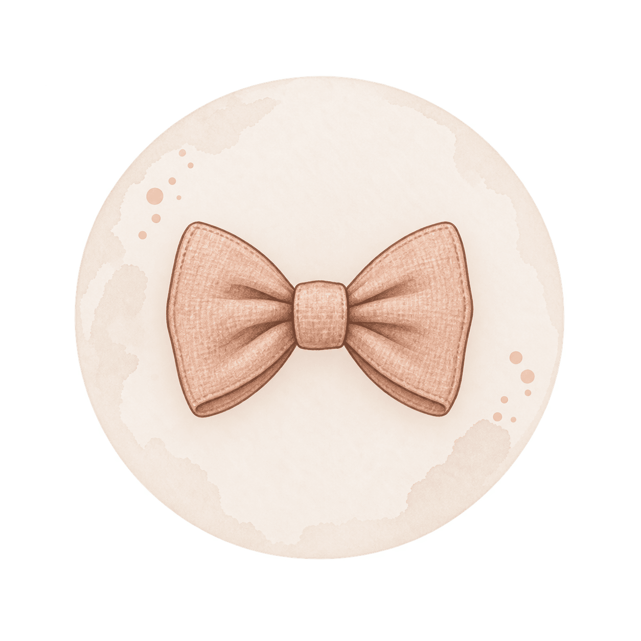 Ilustración en acuarela de un lazo de tela rosa sobre un fondo circular de tonos crema.