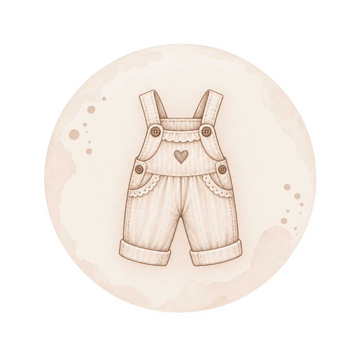 Ilustración en acuarela de un peto infantil beige con botones, encaje y un corazón.