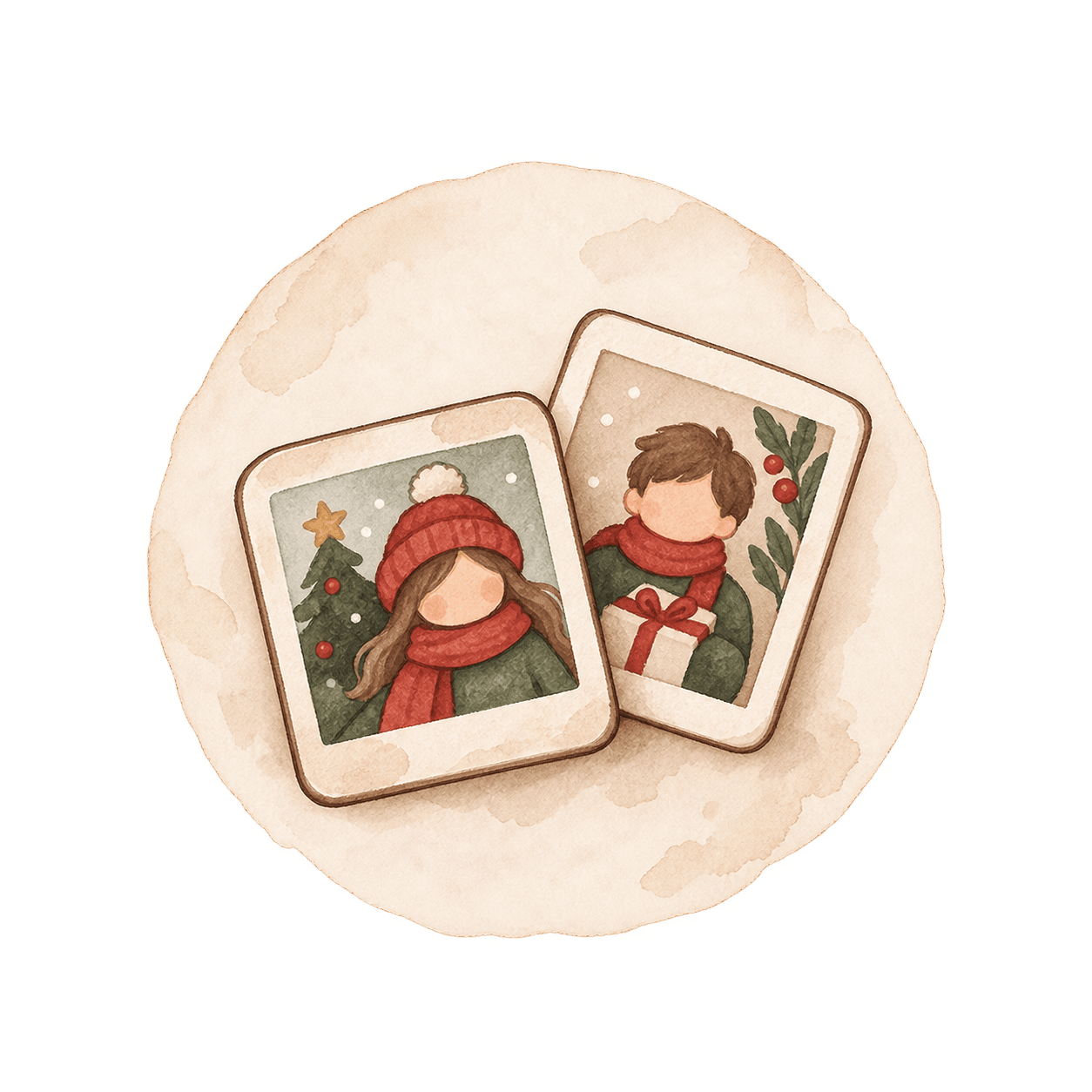 Ilustración de dos retratos infantiles con bufandas rojas, un árbol de Navidad y un regalo.