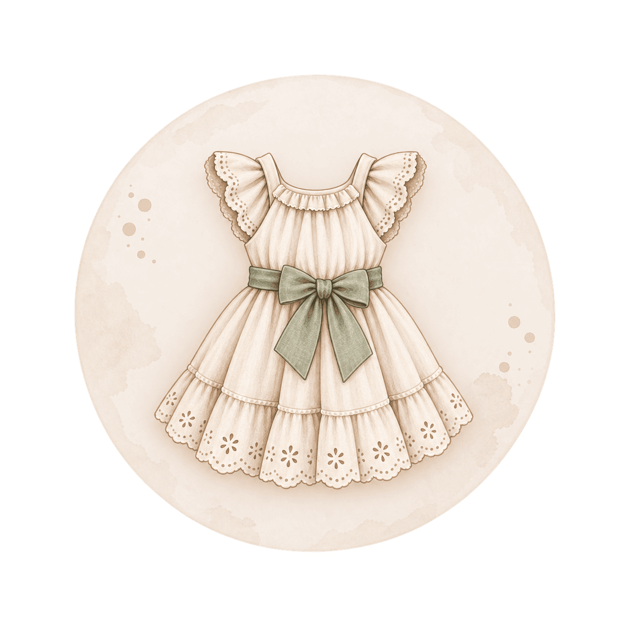 Ilustración en acuarela de un vestido infantil crema con encaje y un lazo verde.